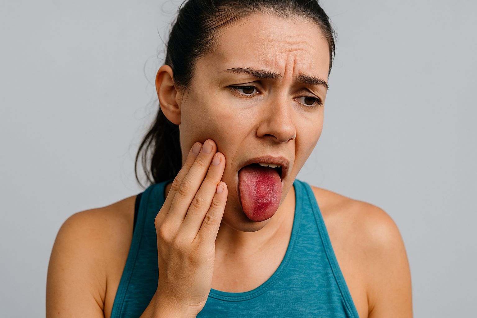 Närbild på en tunga med smärtsamma sår och blåsor, med löptränare i bakgrunden.