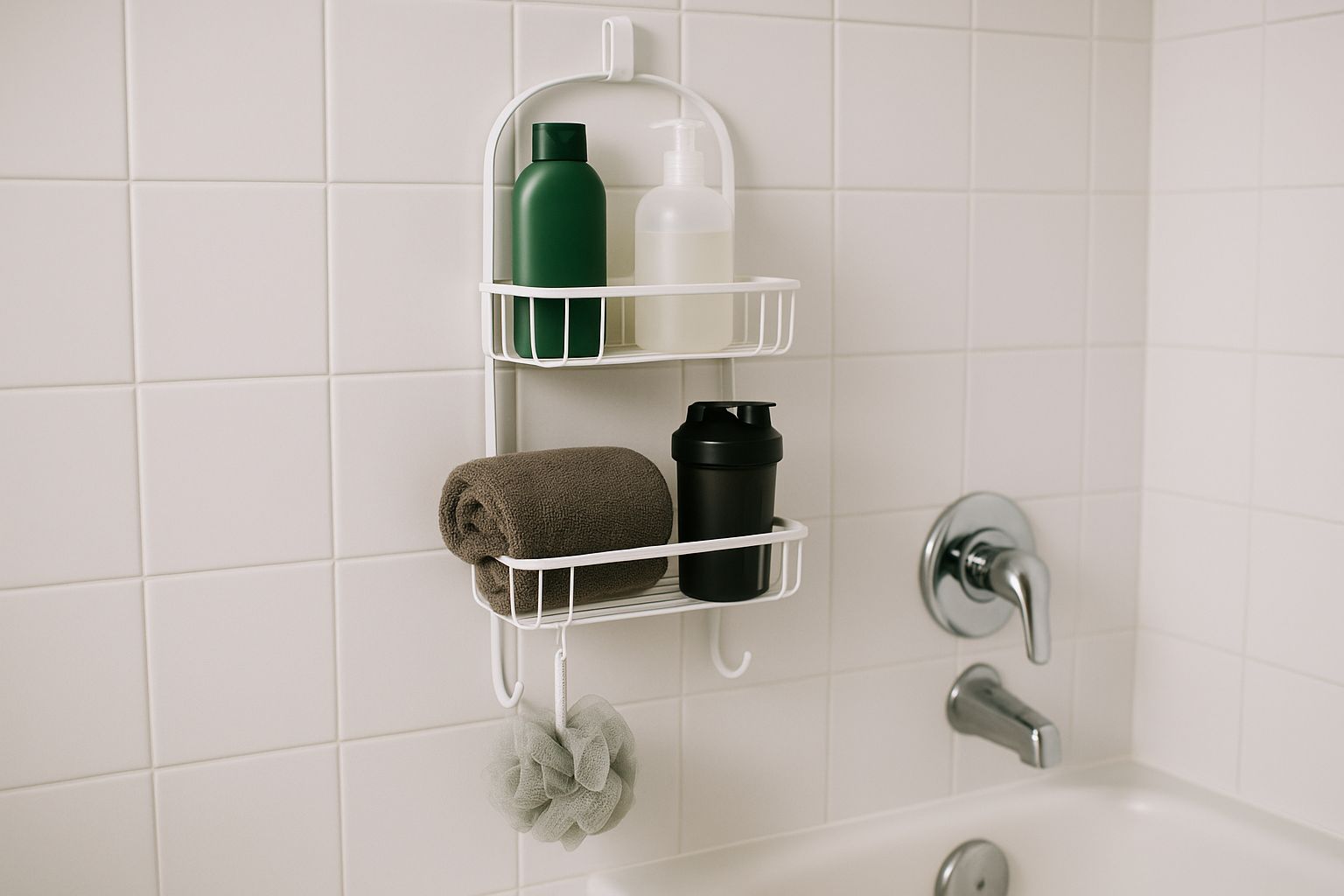 Snyggt organiserad duschhylla med flaskor i en modern dusch