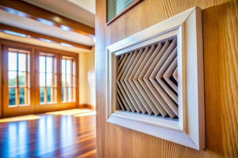 Ventilationsgaller i vägg intill ljust rum med trägolv